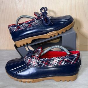 Sperry Top-Sider Waterproof Rubber Duck Boots Navy Blue/Red Plaid Women's 7